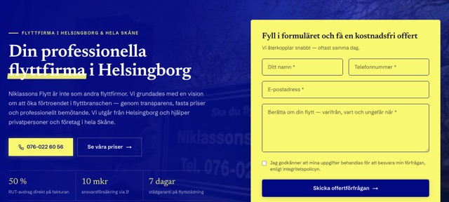 Skärmbild av Niklassons Flytts hemsida