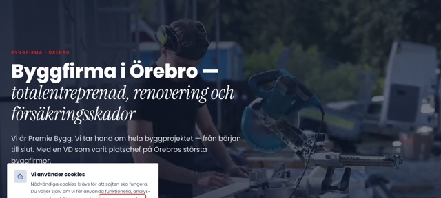 Skärmbild av Premie Byggs hemsida